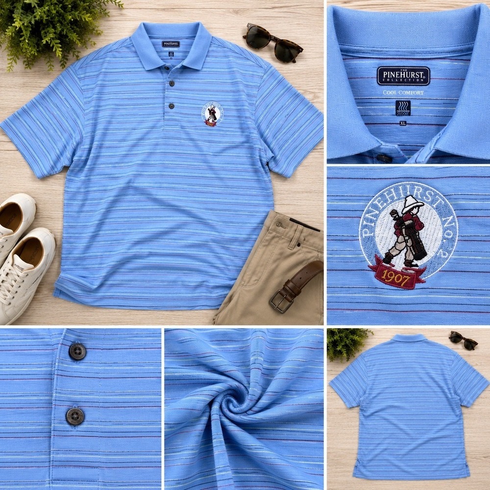 Pinehurst Collection Polo Shirt Mens XL Blue Striped Excellent Golf No. 2 Logo